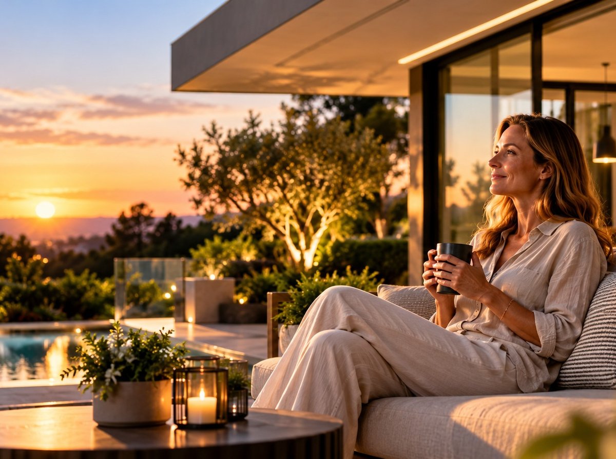 Relaxing on a terrace at sunset under warm Greenhse LED lighting