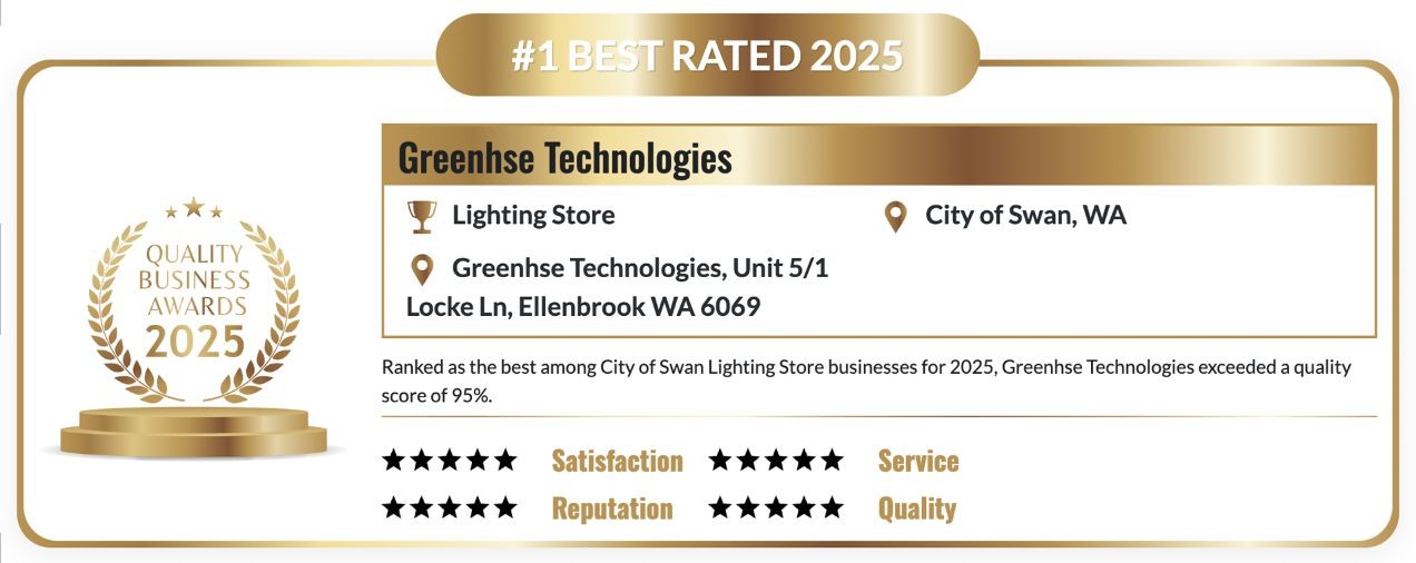 Quality Business Awards 2025 — #1 Best Rated Lighting Store, Greenhse Technologies, City of Swan WA